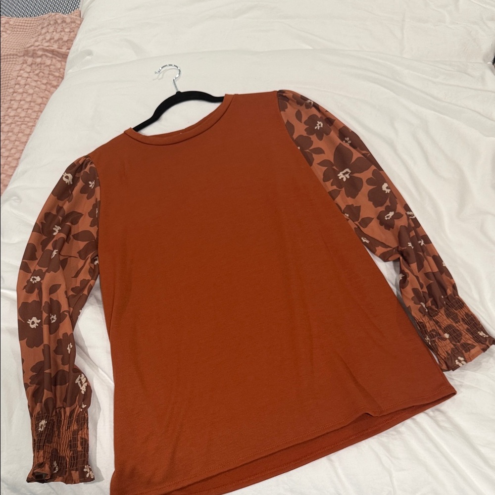 Elegant Rust Floral Sleeve Blouse